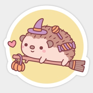 Cute Little Hedgehog Witch Flying On A Broom Halloween Sticker